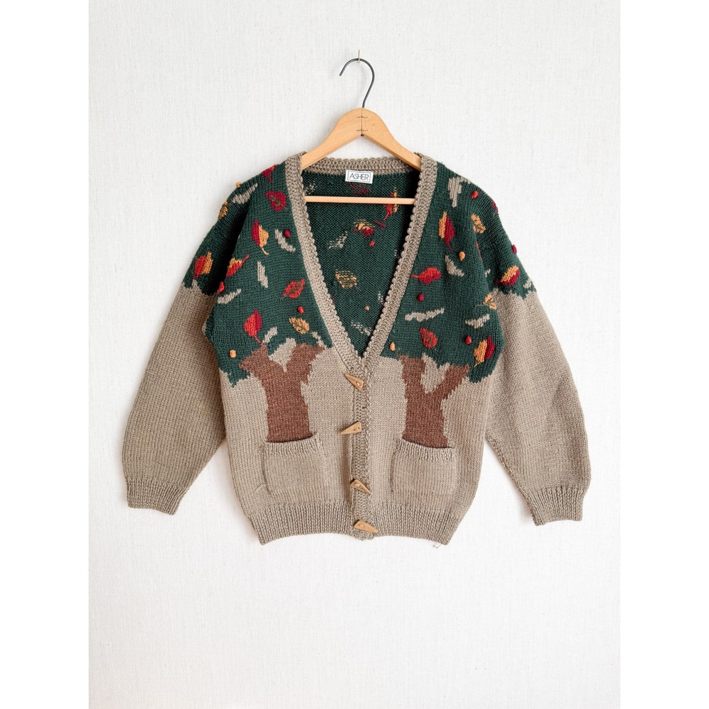 Asher Hand Knit Wool Cardigan Womens Medium Forest Squirrel Autumn Tree Uruguay